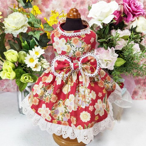 ☆SALE☆【犬服】赤色の花柄ワンピース　SSサイズ