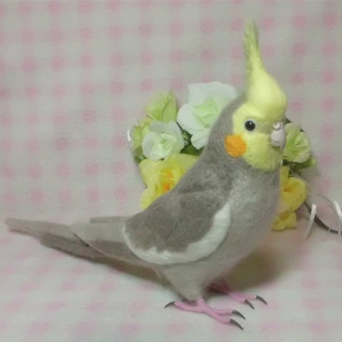 リアルサイズ オカメインコ シナモングレー♂　Wool figure Real size cockatiel 玄鳳鸚鵡 現實大小 Stuffed wool 羊毛フェルト 鳥のオブジェ 受注作成