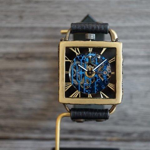 メカニックブルー　スクエア　真鍮　ブラック  手作り腕時計
