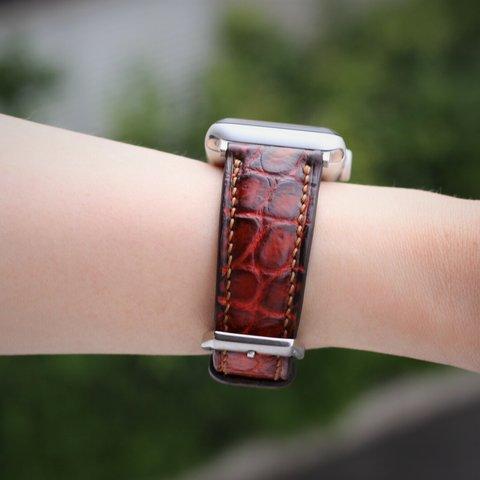 ワニ革使用Apple Watchワニレザーバンド 腕時計ベルト　レザーベルト D49　手染め革 総手縫い製作