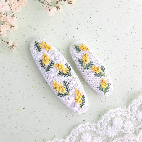  親子コーデ♡ミモザ刺繍パッチンピンset