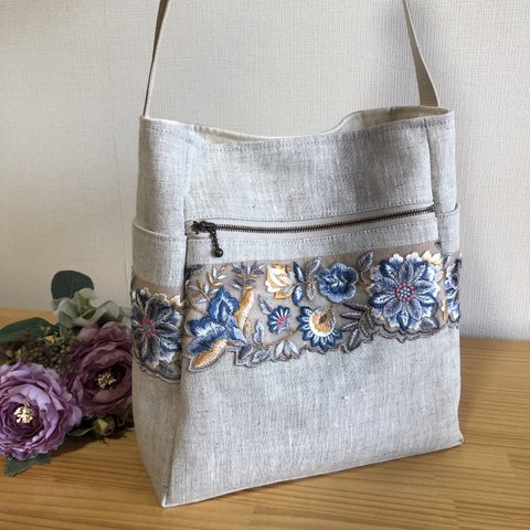 　ワンショルダーバック　　リネン×刺繍リボン　Ⅱ