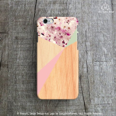 桜 フラワー Color Blocks ウッド iPhoneケース [iPhone4/4s～iPhone8 , iPhone8 plus]フローラル 木目調 pink ピンク ミント