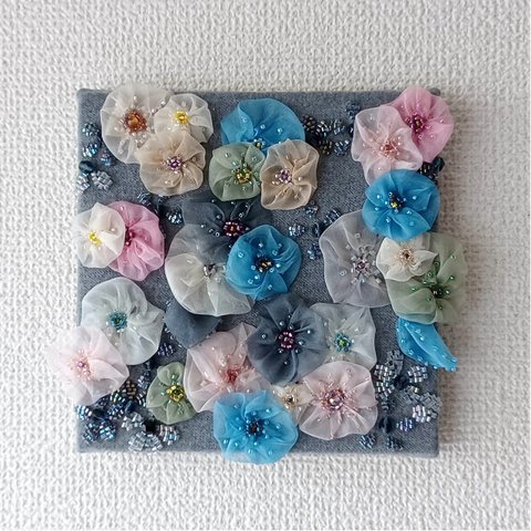 花園のビーズ刺繍アップリケ―ファブリックパネル―G