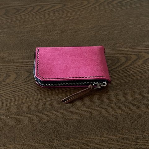 ファスナー仕立てのレザーケース　財布　ポーチ　カードケース　パスケース　コインケース　名刺入れ　ピンク