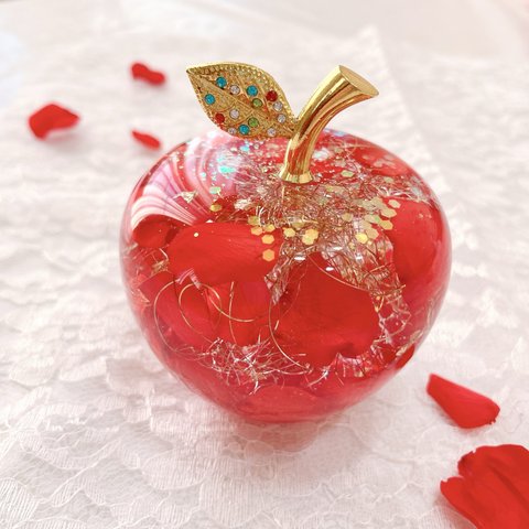 情熱の赤い薔薇のハーバリウム 【大】ガラスの林檎 固まるハーバリウム りんごハーバリウム 
