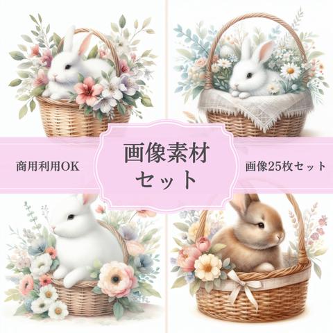 水彩風のかわいいウサギと花の画像データセット【AD001】