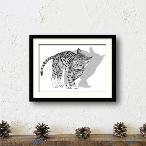 【イカ耳子猫ポスター】猫のアートプリント　モノクロペン画