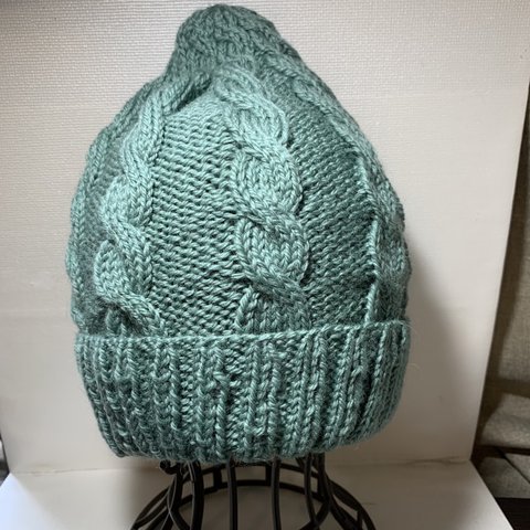  🧶メンズサイズ 毛糸の帽子 ニット帽  ライトグリーン 手編み ウール100%