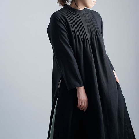 【wafu】【受注製作】Linen Dress　アオザイ　ピンタックワンピース / ブラック a089a-bck2