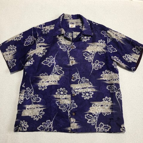 着物リメイクアロハシャツ　紫に菊の花　Men's M size