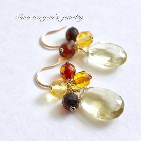 ＊1点もの・訳あり＊14kgf lemonquartz × amber pierce