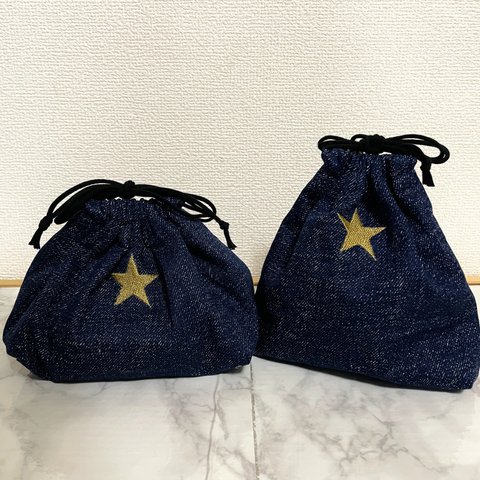 シンプルかわいい❤︎ワンポイント刺繍の入園入学2点セット【デニム×星】