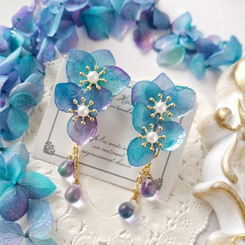 雨の日の紫陽花 雫揺れるピアス-Waterblue hydrangea＆raindrops earrings-【ウォーターブルーパープル】