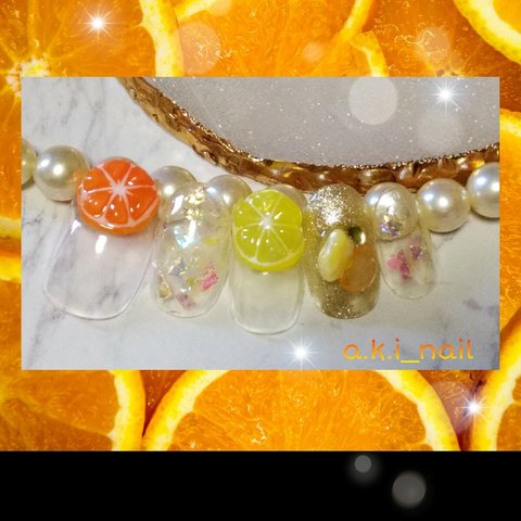 No358/ジェルネイルチップ☆付け爪～3Dフルーツ～オレンジ&レモン