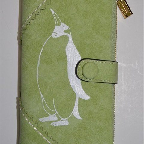 ペンギン財布、グリーン、手帳型財布、収納力抜群のお財布、オリジナルデザイン