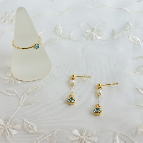 【シンプル】スワロフスキーのリング&イヤリング　aquamarine