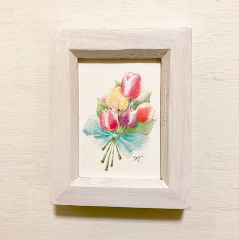 🌷透明水彩画「チューリップの花束」 イラストミ二額 プチギフト　母の日ギフト　母の日　花　フラワー🌷