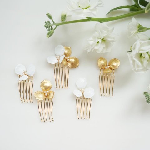 ［ sample sale ］gold & white flower petal comb set