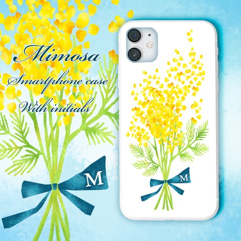 ミモザ スマホケース イニシャル Mimosa 国際女性デー アカシア  花束 iPhone Android