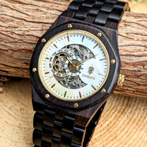 【木製腕時計】 EINBAND Meteor 自動巻き木製腕時計 エボニーウッド マザーオブパール文字盤 46mm