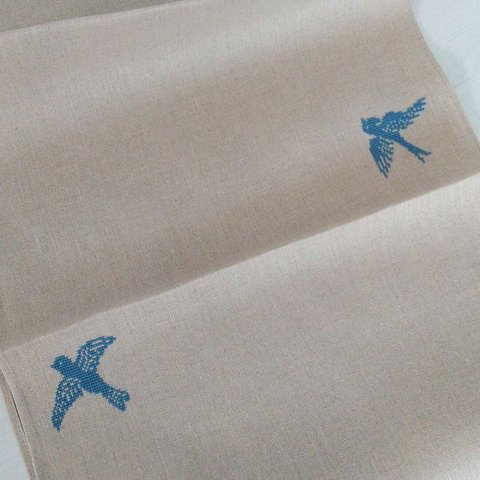 リネン　キッチンクロス　クロスステッチ　青い鳥と四つ葉のクローバー