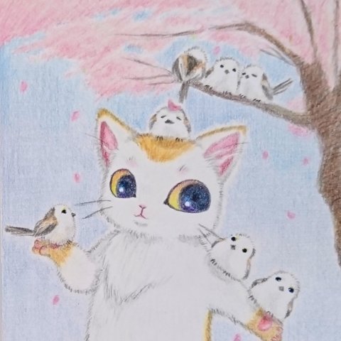 お花見【ハガキサイズ原画イラスト】