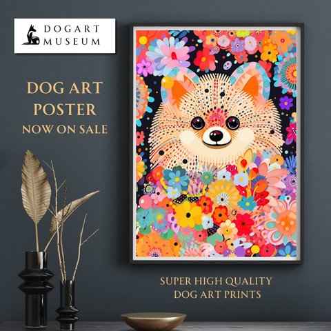 【花とポメラニアン犬の夢の世界 No.4】アートポスター 犬の絵 犬の絵画 犬のイラスト