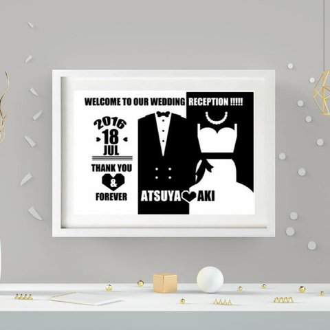 結婚式や入籍のお祝いに！モノトーンなブライダル・ウェディングウェルカムボード#TUXEDO&DRESS(A3)