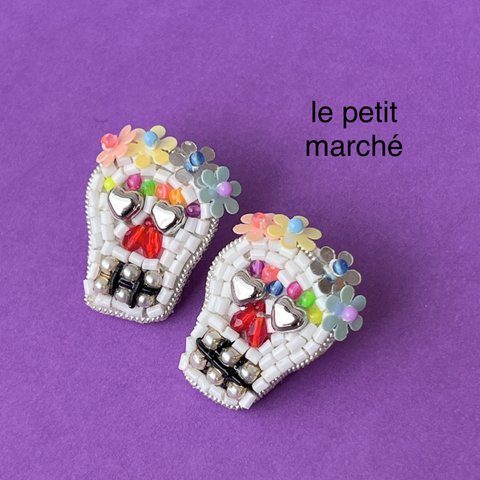 メキシカンスカルのビーズ刺繍ピアス/フラワー