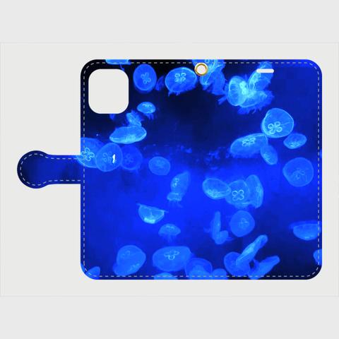  iPhone対応 android対応　スマホケース手帳型　ブルー　クラゲ模様　青　ハンドメイド　スマホ　可愛い　
