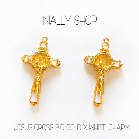 【2個】再入荷！Jesus Cross Big Charm (Gold×White)【MS0164】