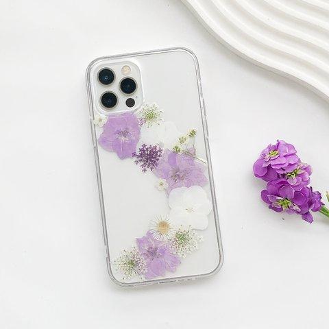 新作★『紫陽花と千鳥草』 押し花ケース iPhone15Pro/14/13/SE/XPERIA10IV/GalaxyS23/AQUOS iPhoneケース スマホケース 