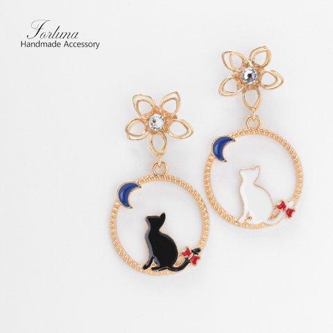 花と２匹のねこ(1195) ピアス/ノンホールピアス/樹脂ピアス