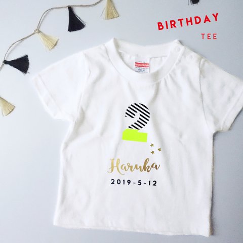 大人サイズあり/ネオン数字の誕生日Tシャツ♡cascade+neon 蛍光イエロー お名前＆年齢&お誕生日入り♡ バースデーTシャツ