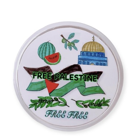 アルアクサ・モスクとパレスチナ国旗のアクリルバッジ　丸形