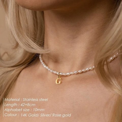 金アレ対応 imitation pearl initial necklace (0378)