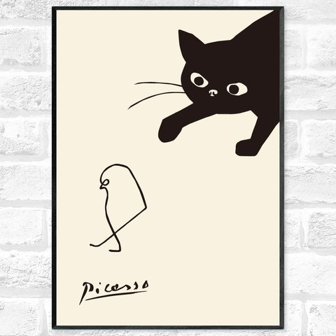 アートポスター ピカソ・黒猫と小鳥 A4 サイズ可変