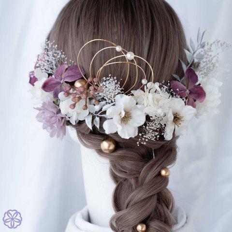 紫系フラワーと林檎の花の髪飾り　成人式　卒業式　振袖　結婚式　着物　和装ヘアアクセサリー