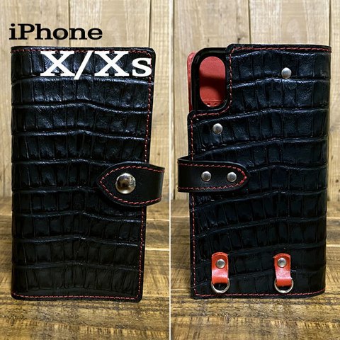 送料無料 手帳型 スマホケース iPhone X XS 用 クロコ型押し 革 スマホショルダー ブラック レッド 赤糸