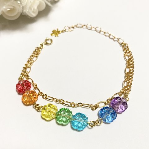 お花 の 虹色 ブレスレット ❁ 可愛い 二連ブレスレット ✧ プレゼント に◎