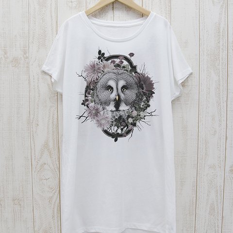 ronronGreatGrayOwl ワンピースTee　Flower Frame（ホワイト） / R037-O-WH