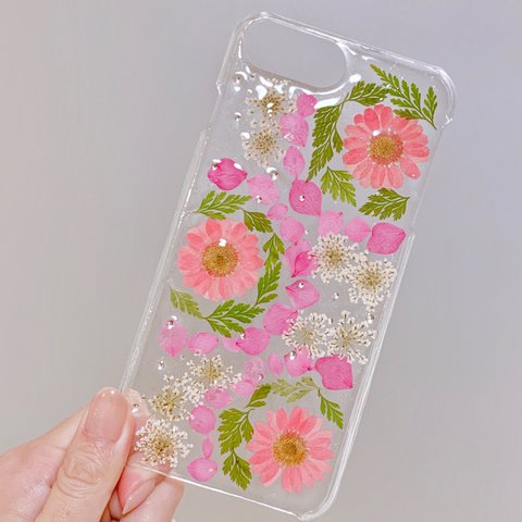 【全機種対応】押し花ケース♡ピンクグリーン♡iPhone新機種からAndroid系らくらくフォンなどすべて対応できます