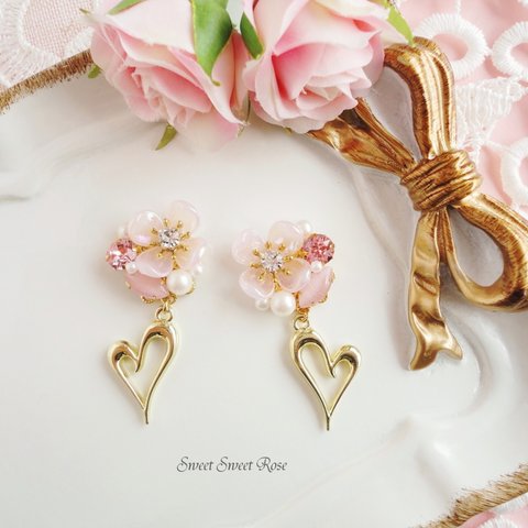 Flower Bijou & Open Heart ～pink～ イヤリング/ピアス/花/フラワー/ビジュー/ハート