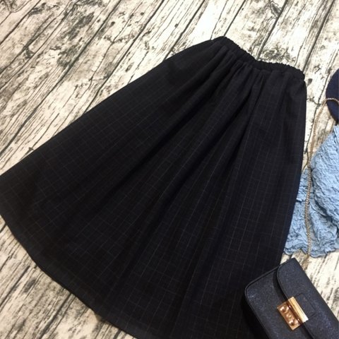 ウール混紡チェック柄ベルト色替えギャザーロングスカート♪黒【受注製作】裏地付き(キュプラ)サイズ有り
