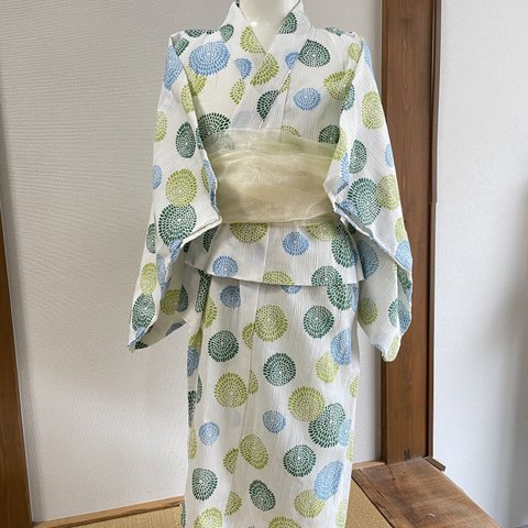 高島ちぢみ女の子浴衣(緑の花火)  ふわふわ帯付き