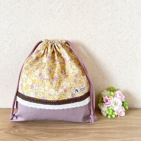 【 入園 入学 】 きんちゃく袋 （大）〈 黄色 と ピンク のお花畑〉 　花柄　小花柄　レース　体育着袋　給食着袋