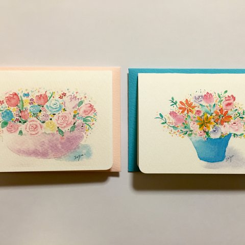 透明水彩画　2枚セット「花盛りと花々」イラストミニカード　チューリップ  バラ　バースデーカード　サンキューカード　メッセージカード　春　花　フラワー