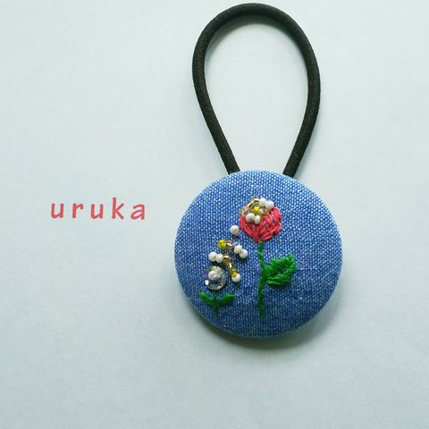 ブローチ変更可能♪刺繍ヘアゴム☆花ビーズ＊