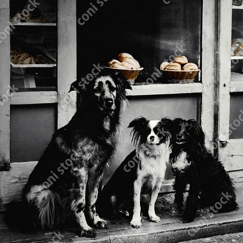 昔のフランスのイメージ、パン屋の前にいる犬たち、レトロ風写真、アート、古い写真　conistock_40268_02
